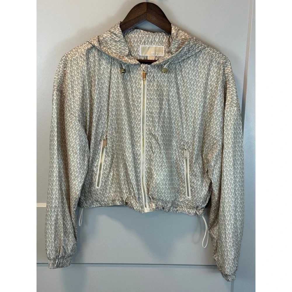 Michael Kors Womens Logo‎ Bomber Jacket Beige Gold Chunky Gold Hardware Sz Small